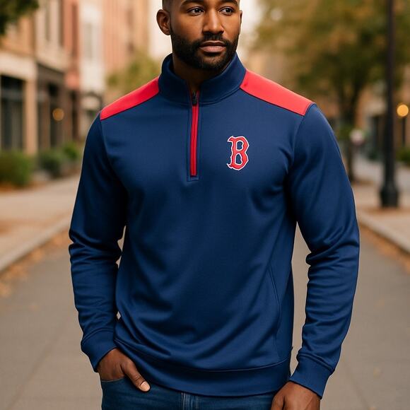 Boston Red Sox Mens Large Quarter Zip Jacket Pullover MLB Genuine Baseball Blue - Picture 1 of 9